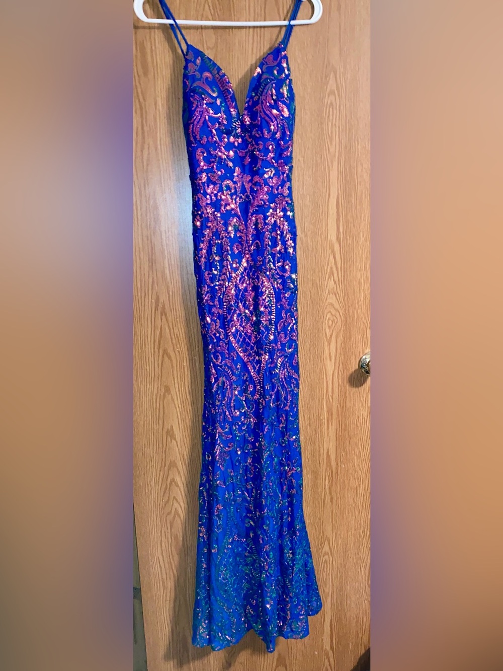 Blue & Sequin V-Neck Spaghetti Strap Prom Dress - Picture 3 of 3